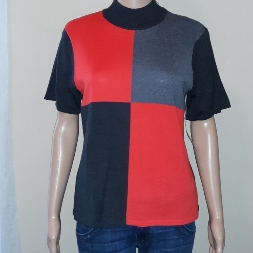 Tahari Vintage Short Sleeve Color Block Turtleneck Sweater Size 6 Retro